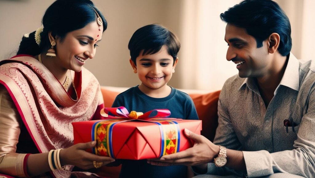 A joyful family moment showing a mother and father dressed in traditional attire presenting a gift-wrapped box to their smiling young son. The gift is wrapped in vibrant red paper with colorful ribbon, creating a warm and festive atmosphere.