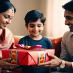 A joyful family moment showing a mother and father dressed in traditional attire presenting a gift-wrapped box to their smiling young son. The gift is wrapped in vibrant red paper with colorful ribbon, creating a warm and festive atmosphere.