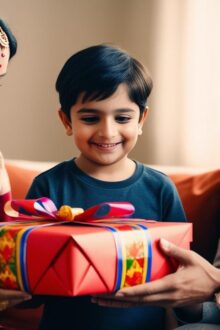 A joyful family moment showing a mother and father dressed in traditional attire presenting a gift-wrapped box to their smiling young son. The gift is wrapped in vibrant red paper with colorful ribbon, creating a warm and festive atmosphere.