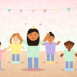 Illustration of children standing on cushions in a circle under party bunting while one child in the middle raises both arms