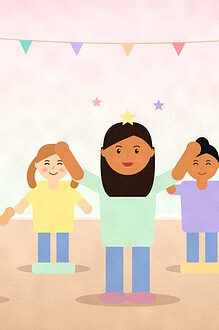 Illustration of children standing on cushions in a circle under party bunting while one child in the middle raises both arms