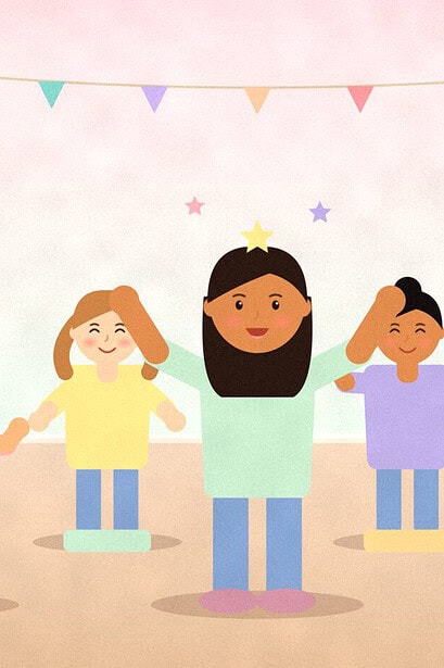 Illustration of children standing on cushions in a circle under party bunting while one child in the middle raises both arms