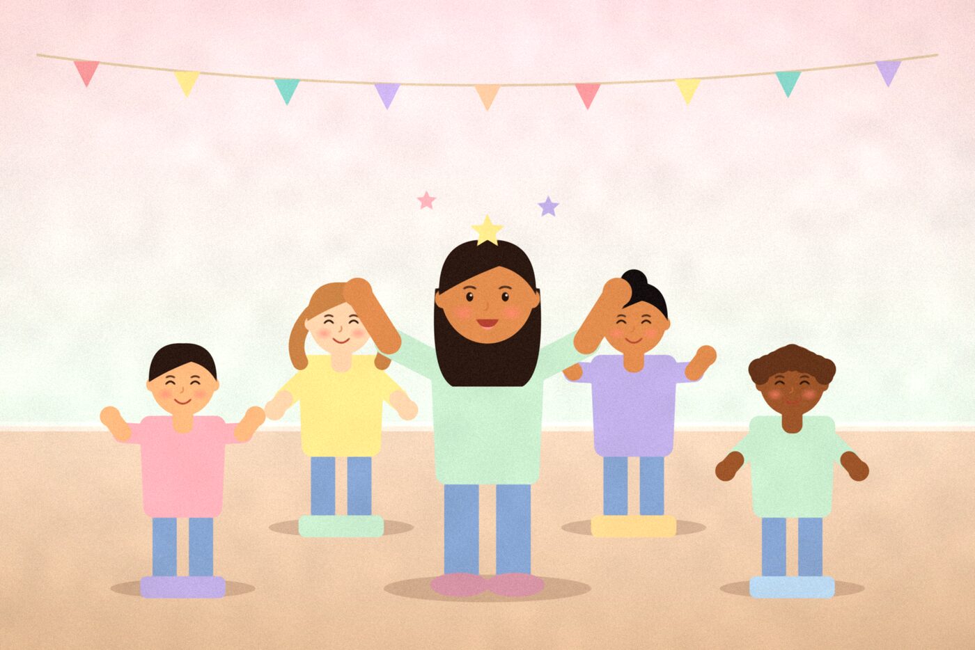 Illustration of children standing on cushions in a circle under party bunting while one child in the middle raises both arms