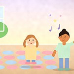 Illustration of a child stepping across a grid of pink and blue floor spots while a parent claps and music notes float by