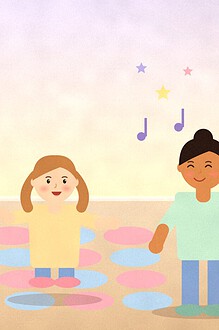 Illustration of a child stepping across a grid of pink and blue floor spots while a parent claps and music notes float by