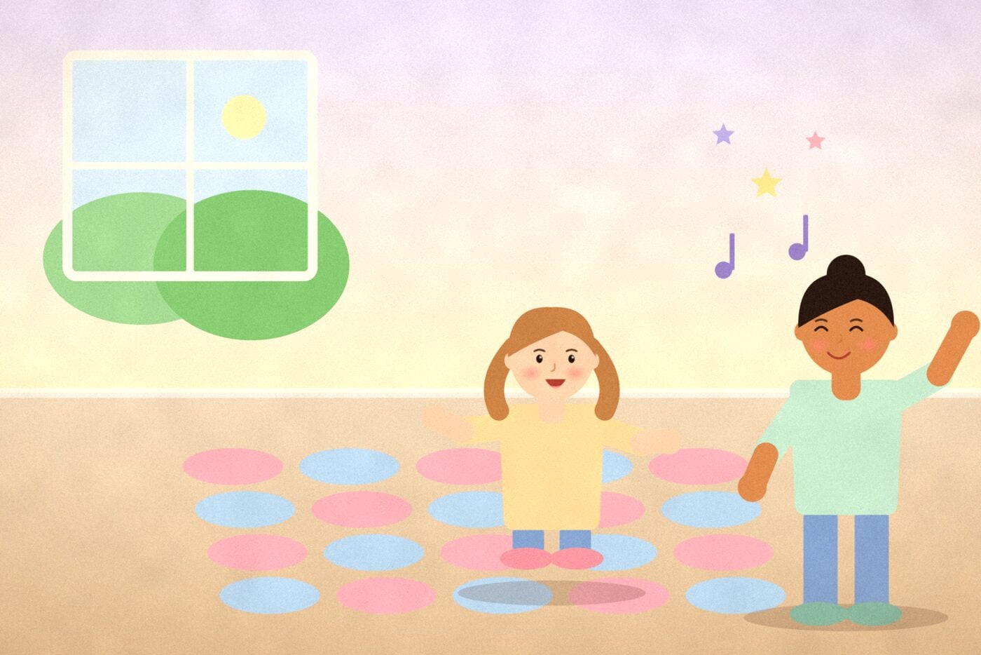 Illustration of a child stepping across a grid of pink and blue floor spots while a parent claps and music notes float by
