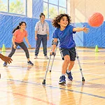 A student using forearm crutches takes an active passing position in an adapted gym game