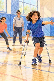 A student using forearm crutches takes an active passing position in an adapted gym game