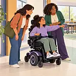 A student using a powered wheelchair shows a teacher and parent an accessible classroom route