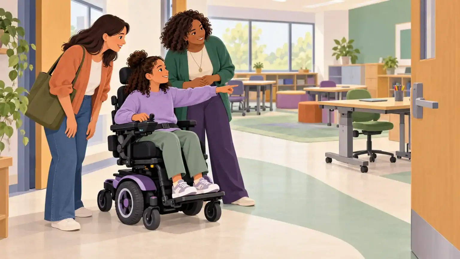 A student using a powered wheelchair shows a teacher and parent an accessible classroom route