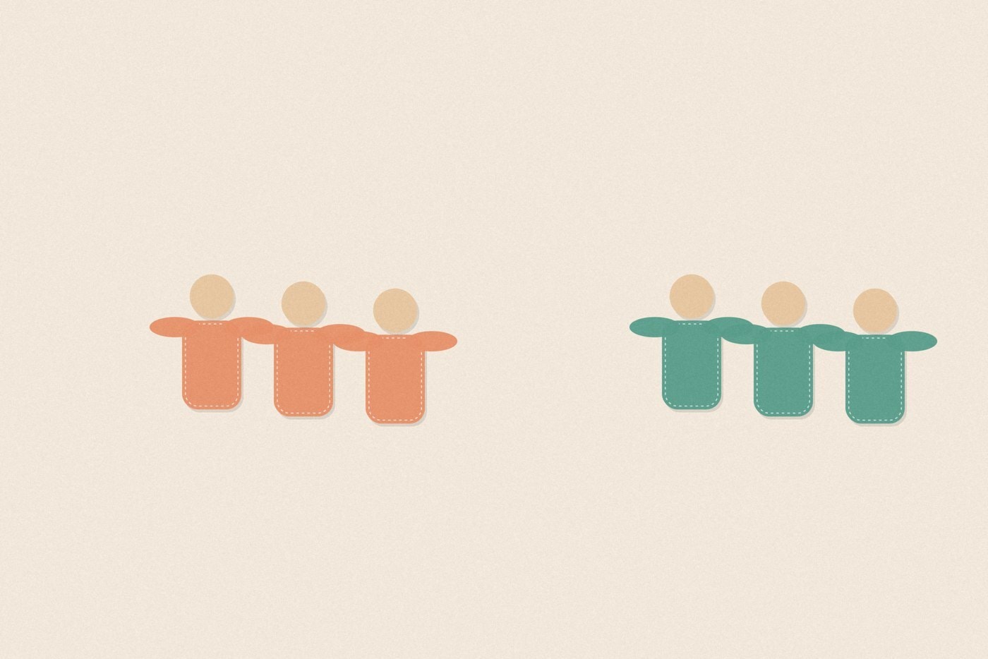 Felt appliqué style illustration of colourful soft rounded figures with dashed stitch borders, arranged for the activity 'Predator and Prey: a two-team chase game'