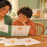 Caregiver and child calmly reviewing a folder of learning assessment notes at a kitchen table