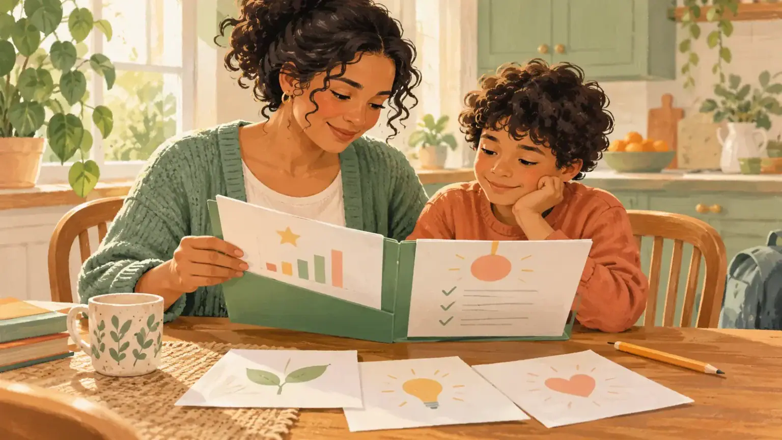 Caregiver and child calmly reviewing a folder of learning assessment notes at a kitchen table