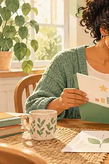Caregiver and child calmly reviewing a folder of learning assessment notes at a kitchen table