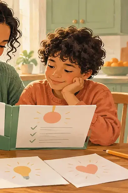 Caregiver and child calmly reviewing a folder of learning assessment notes at a kitchen table