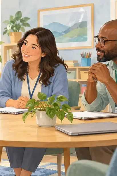 A parent meets with a teacher and clinician in an equal circle, bringing a folder of observations