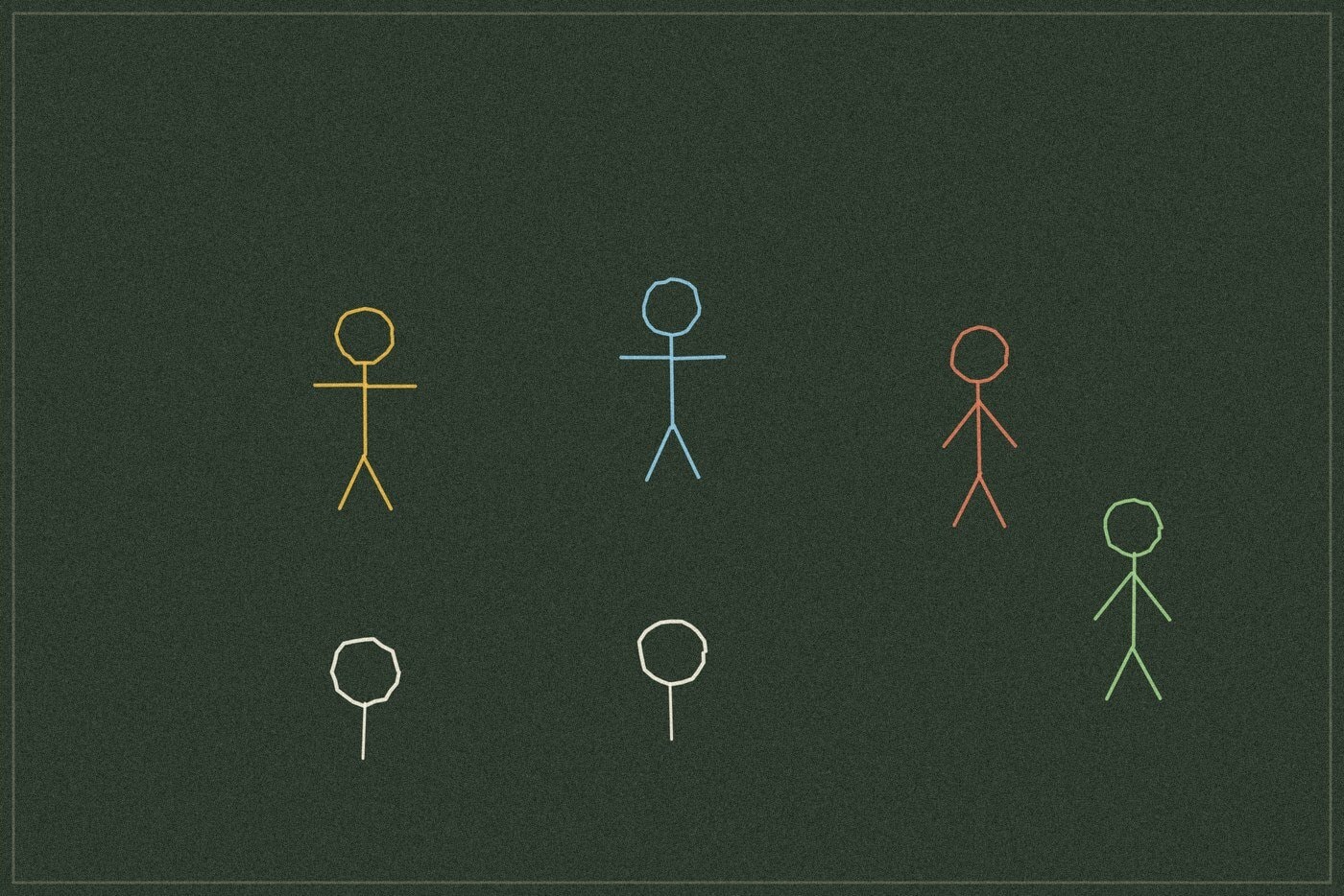 Chalkboard-style line drawing of four figures standing near two small circles, representing protector and bystander roles in a bullying awareness game