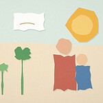 Paper-cut collage illustration of three plants growing from small to large, with a parent and child figure nearby and a speech bubble, representing a puberty conversation that starts early