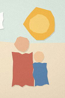 Paper-cut collage illustration of three plants growing from small to large, with a parent and child figure nearby and a speech bubble, representing a puberty conversation that starts early