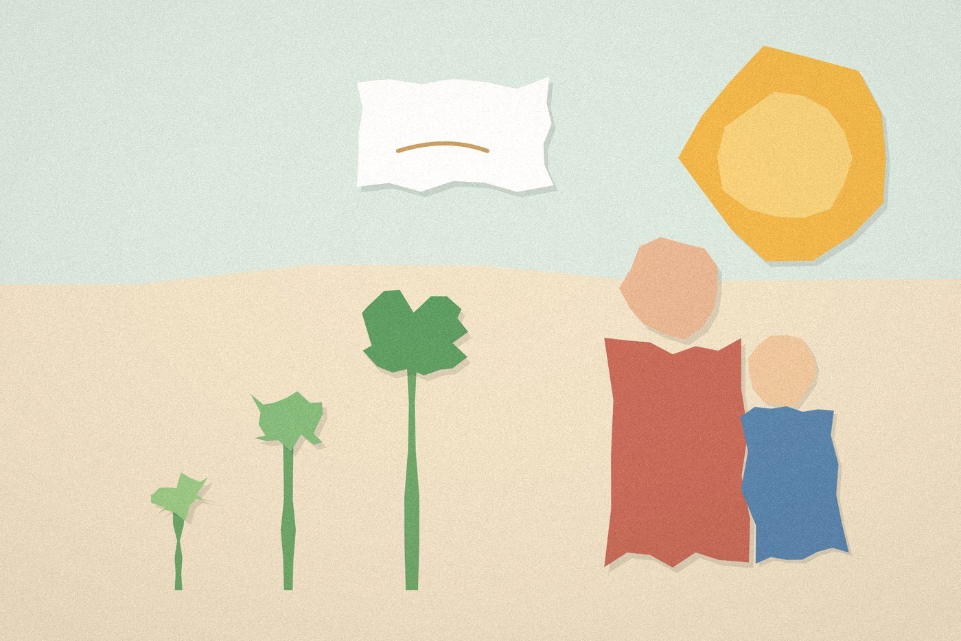 Paper-cut collage illustration of three plants growing from small to large, with a parent and child figure nearby and a speech bubble, representing a puberty conversation that starts early