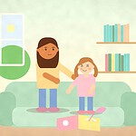 Illustration of a parent and child sharing a big picture book on a sofa with a feather as a pointer, near a bookshelf