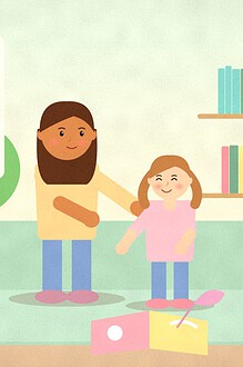 Illustration of a parent and child sharing a big picture book on a sofa with a feather as a pointer, near a bookshelf