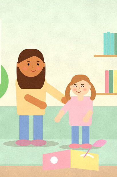 Illustration of a parent and child sharing a big picture book on a sofa with a feather as a pointer, near a bookshelf