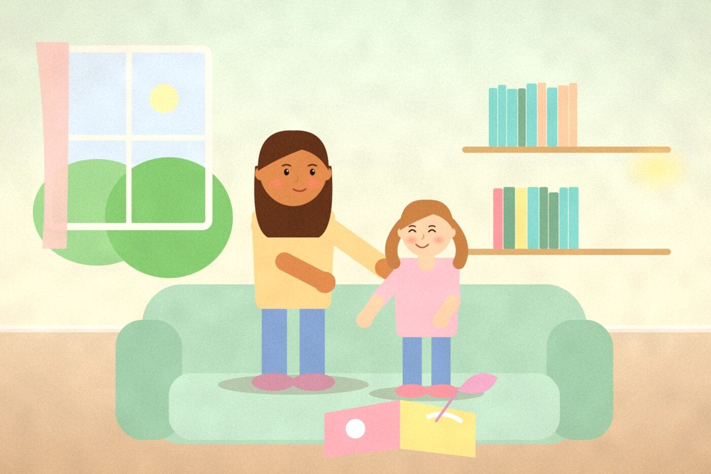 Illustration of a parent and child sharing a big picture book on a sofa with a feather as a pointer, near a bookshelf