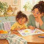 Pastel illustration of a mother and child sharing a drawing at a kitchen table