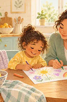 Pastel illustration of a mother and child sharing a drawing at a kitchen table