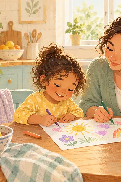 Pastel illustration of a mother and child sharing a drawing at a kitchen table