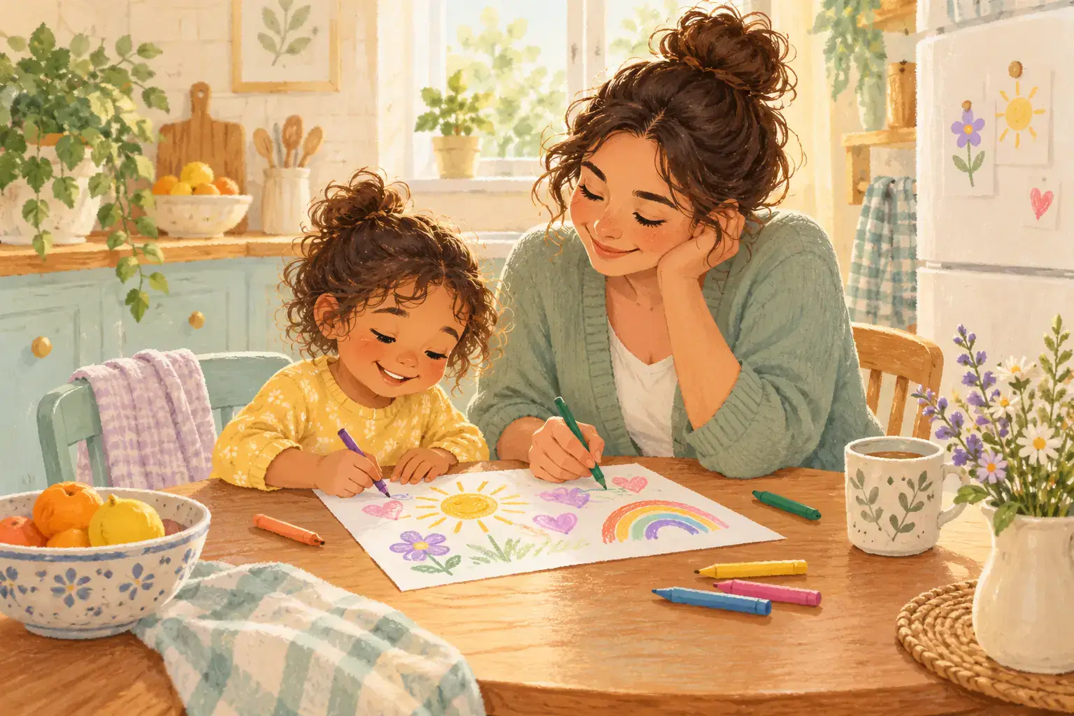 Pastel illustration of a mother and child sharing a drawing at a kitchen table