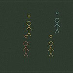 Chalkboard-style line drawing of six small figures scattered in loose colour-matched pairs, representing a silent belonging game