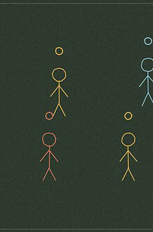 Chalkboard-style line drawing of six small figures scattered in loose colour-matched pairs, representing a silent belonging game