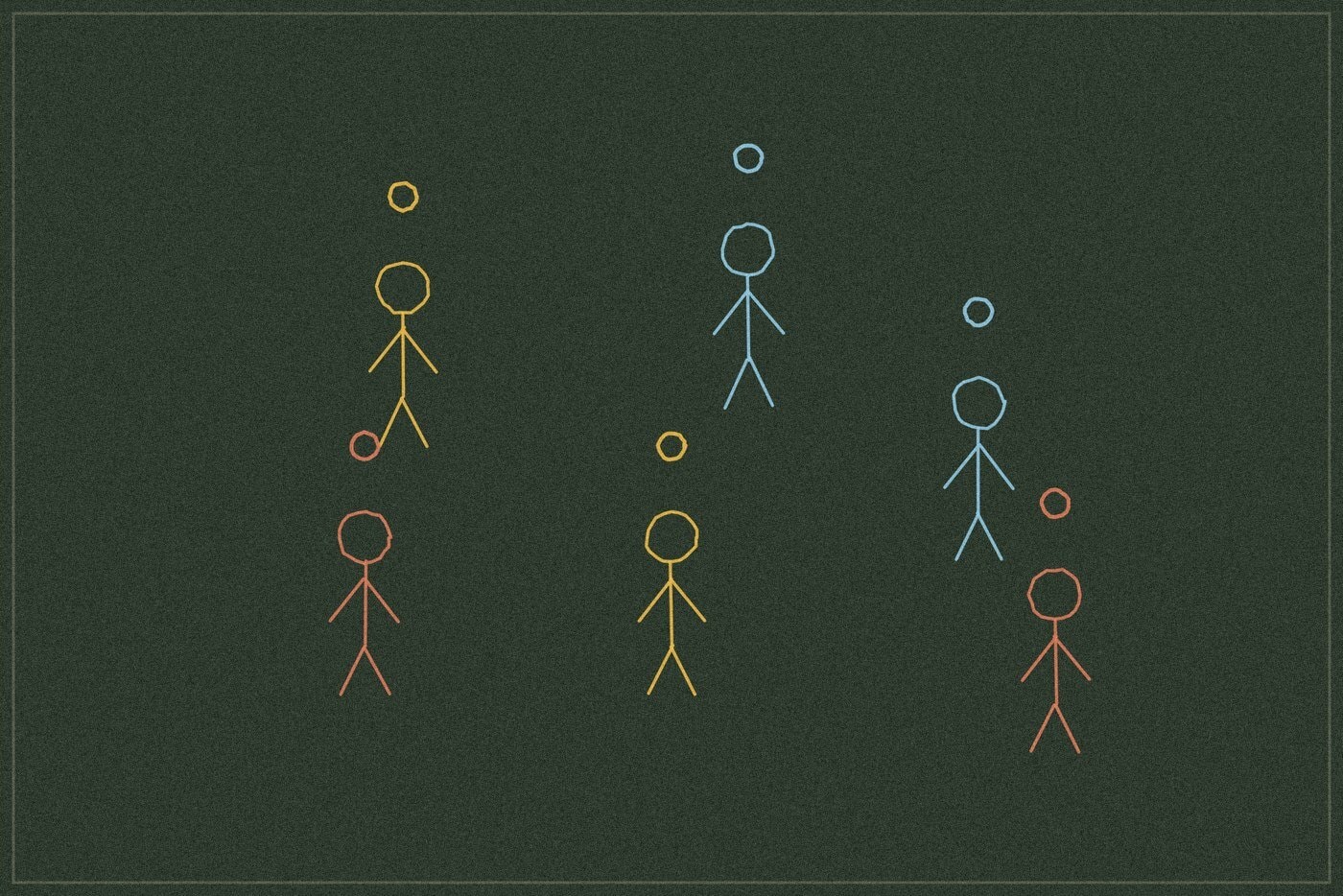 Chalkboard-style line drawing of six small figures scattered in loose colour-matched pairs, representing a silent belonging game