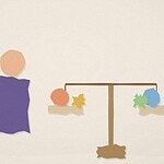 Paper-cut collage illustration of a teenager figure looking at a balanced scale holding a mixed, non-gendered set of toy shapes on each side