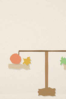 Paper-cut collage illustration of a teenager figure looking at a balanced scale holding a mixed, non-gendered set of toy shapes on each side