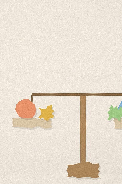 Paper-cut collage illustration of a teenager figure looking at a balanced scale holding a mixed, non-gendered set of toy shapes on each side