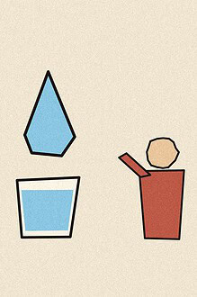 Linocut-style woodblock print illustration of a water droplet above a glass of water, with a watchful parent figure nearby