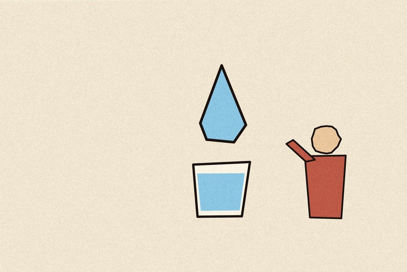 Linocut-style woodblock print illustration of a water droplet above a glass of water, with a watchful parent figure nearby