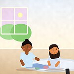 Illustration of two teenagers sitting on a rug, one looking worried with a phone face down beside them, while a parent sits nearby with an attentive expression