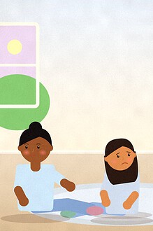 Illustration of two teenagers sitting on a rug, one looking worried with a phone face down beside them, while a parent sits nearby with an attentive expression