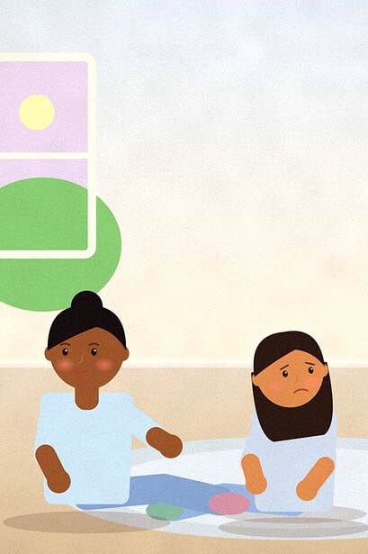 Illustration of two teenagers sitting on a rug, one looking worried with a phone face down beside them, while a parent sits nearby with an attentive expression
