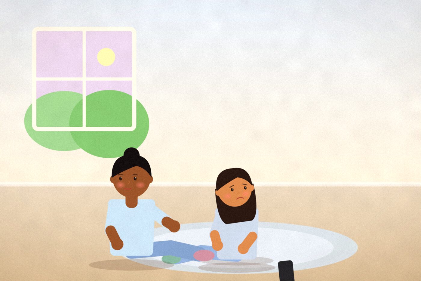 Illustration of two teenagers sitting on a rug, one looking worried with a phone face down beside them, while a parent sits nearby with an attentive expression
