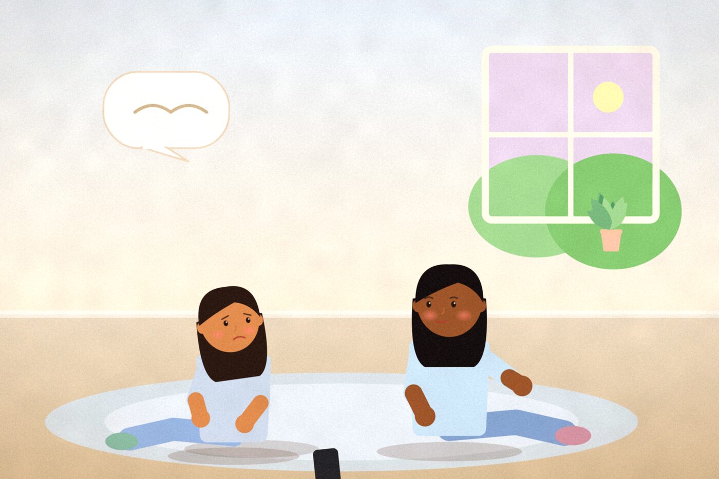 Illustration of two teenagers sitting together on a rug, one looking worried with a phone face down beside them, while a parent sits nearby with a gentle, attentive expression