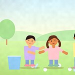 Illustration of three children running in a garden carrying crumpled paper and empty bottles toward a blue paper bin and a yellow plastic bin