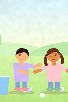 Illustration of three children running in a garden carrying crumpled paper and empty bottles toward a blue paper bin and a yellow plastic bin
