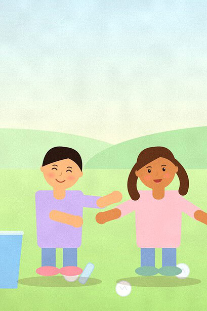 Illustration of three children running in a garden carrying crumpled paper and empty bottles toward a blue paper bin and a yellow plastic bin
