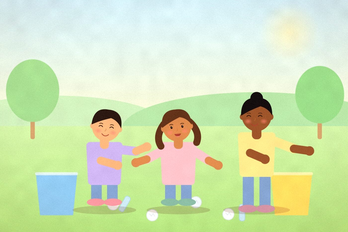 Illustration of three children running in a garden carrying crumpled paper and empty bottles toward a blue paper bin and a yellow plastic bin