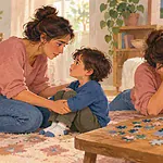 A parent listens and reconnects with a child after a tense moment, then they work on a puzzle together